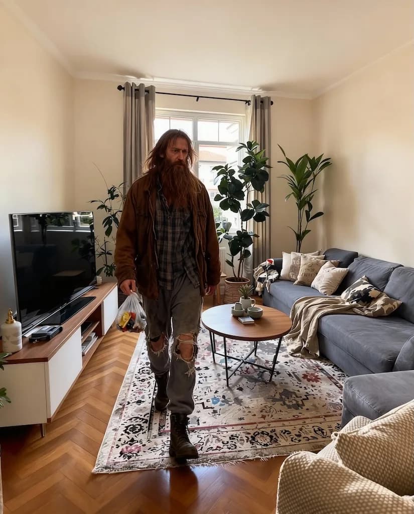 Click to zoom AI Homeless Man Generated Example 1 - Nano Banana AI Transformation Result